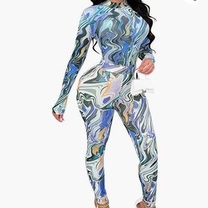 2 piece, Sexy Sheer Bodysuit Top with Skinny Leg Pant